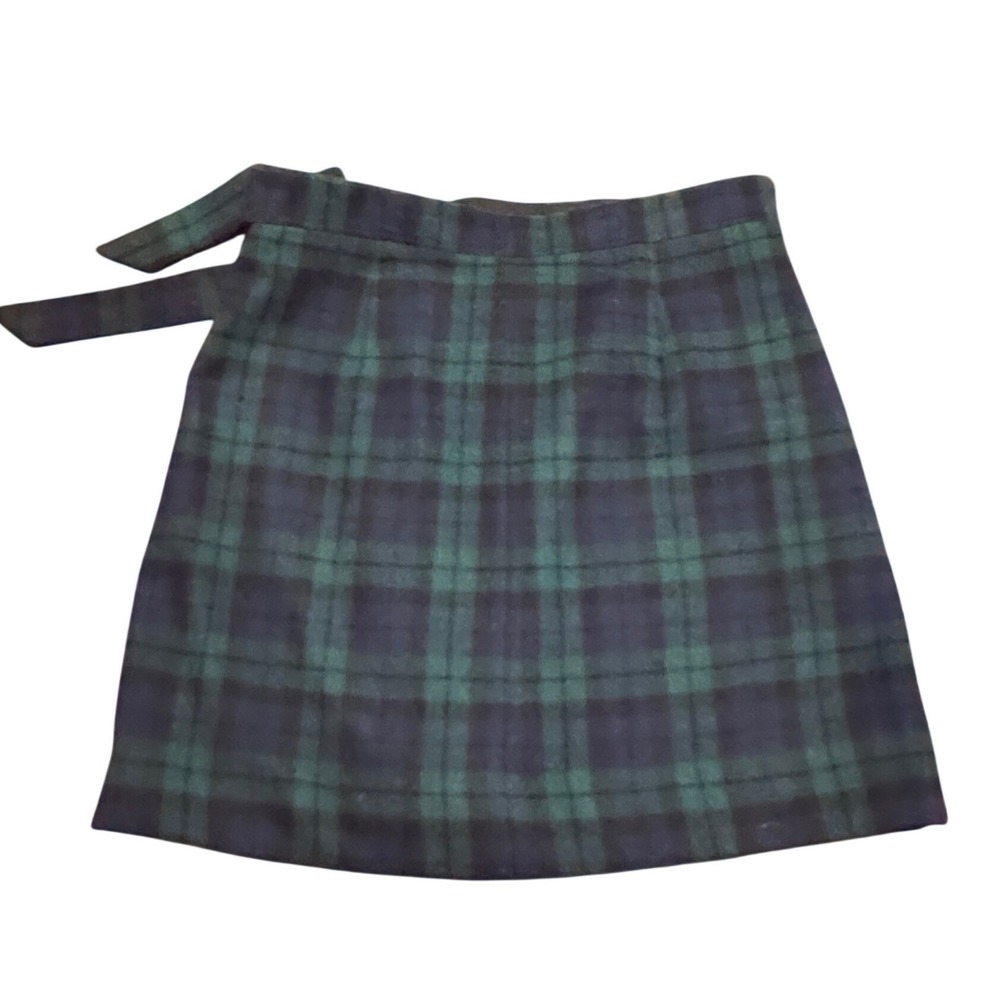 J.Crew Black Tartan Plaid Wool Blend Side‎ Tie Old Money Mini Skirt Green Navy 4 - Picture 4 of 6
